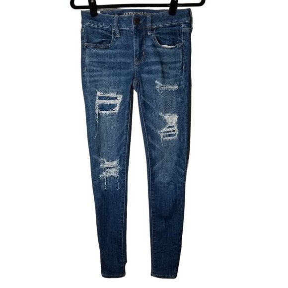 American Eagle Size 4 Mid Rise Jeggings Distressed Skinny Jeans Super Stretch X - Picture 1 of 9